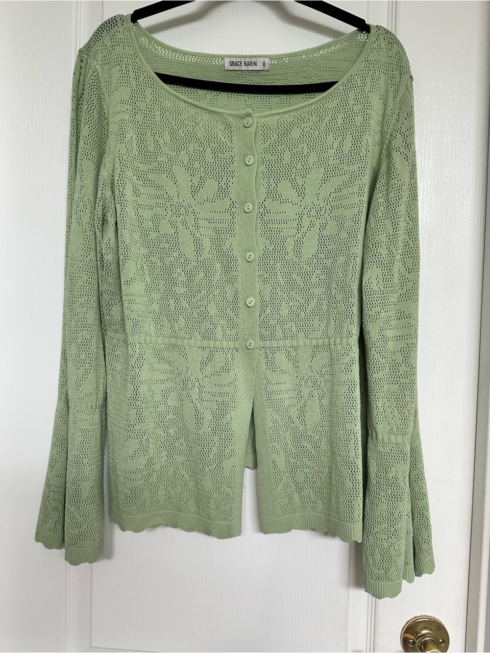 Grace Karin Sage Green Crochet Button-Front Knit Top